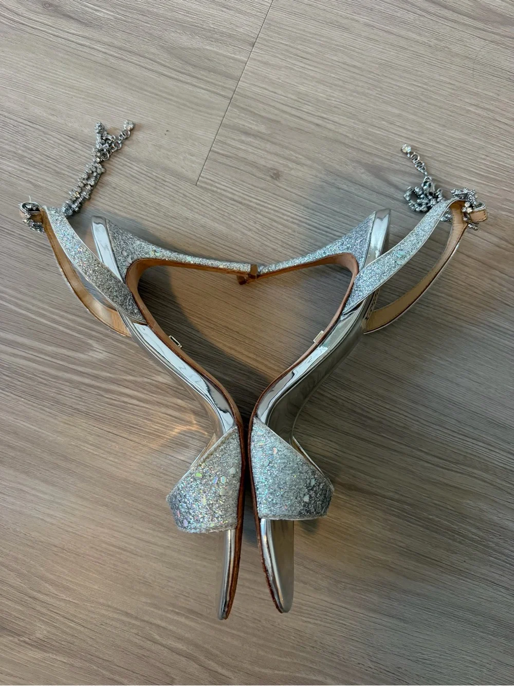 Badgley Mischka Silver Glitter Crystal-Embellished Slingback Heels